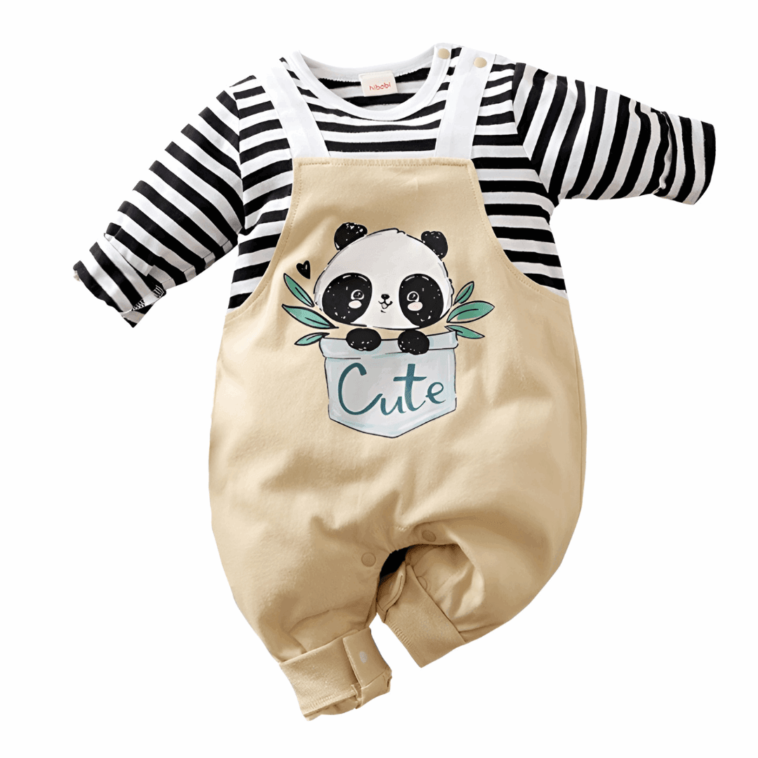 baby one piece with panda - Une-pièce, style salopette et chandail rayé