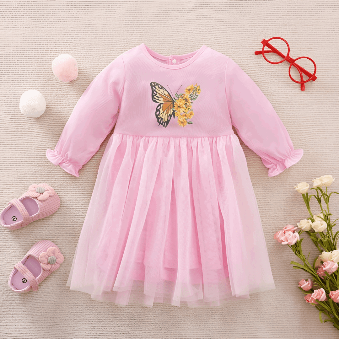 pink girl dress baby with butterfly - robe rose pour petite fille avec papillon