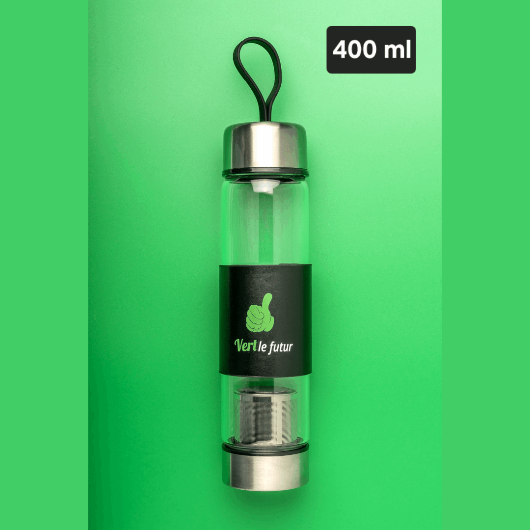 Bouteille pour infusion de thé, 400 ml de la marque vert le futur sur fond vert  - black glass infuser tea bottle