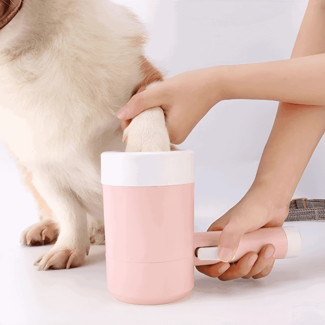 dogs paws in a pets paws cleaner - pattes de chiens dans un nettoyeur de pattes rose