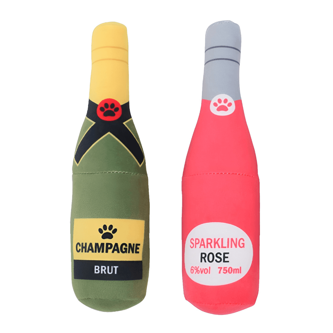 champpagne and wine dog toys - jouet pour chien en forme de bouteille de vin