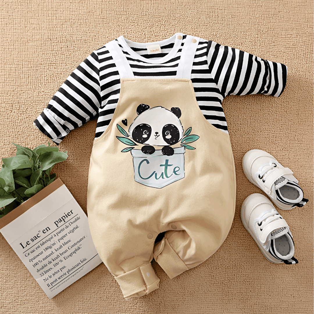 baby one piece with panda - Une-pièce, style salopette et chandail rayé