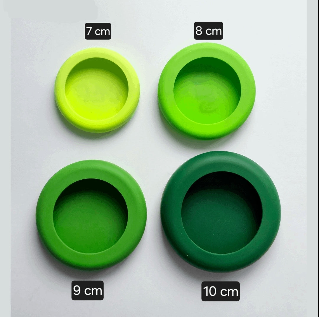 dimensions de 4 couvre-légumes vert en silicone de la marque VLF - 4 green vegetables cover in silicone  