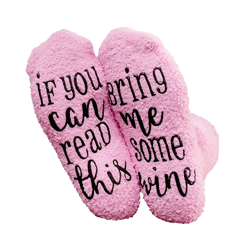 funny pink socks with message if you can read this bring me some wine - bas rose amusant avec sujet le vin